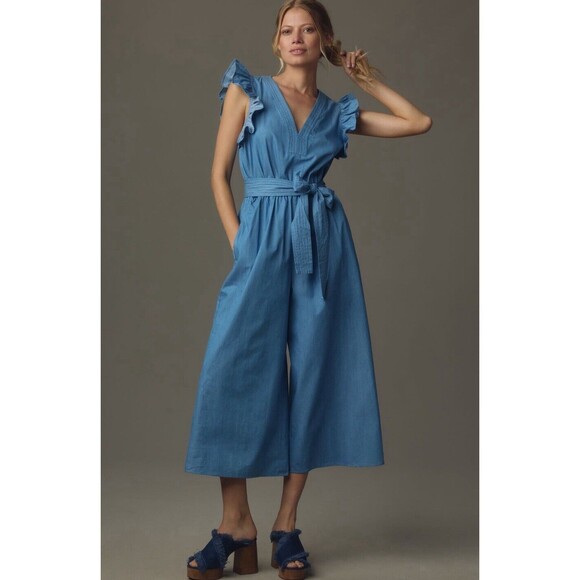 Anthropologie Hutch Jumpsuit Blue Journi Wide Leg Retro Coastal Boho Medium NWT